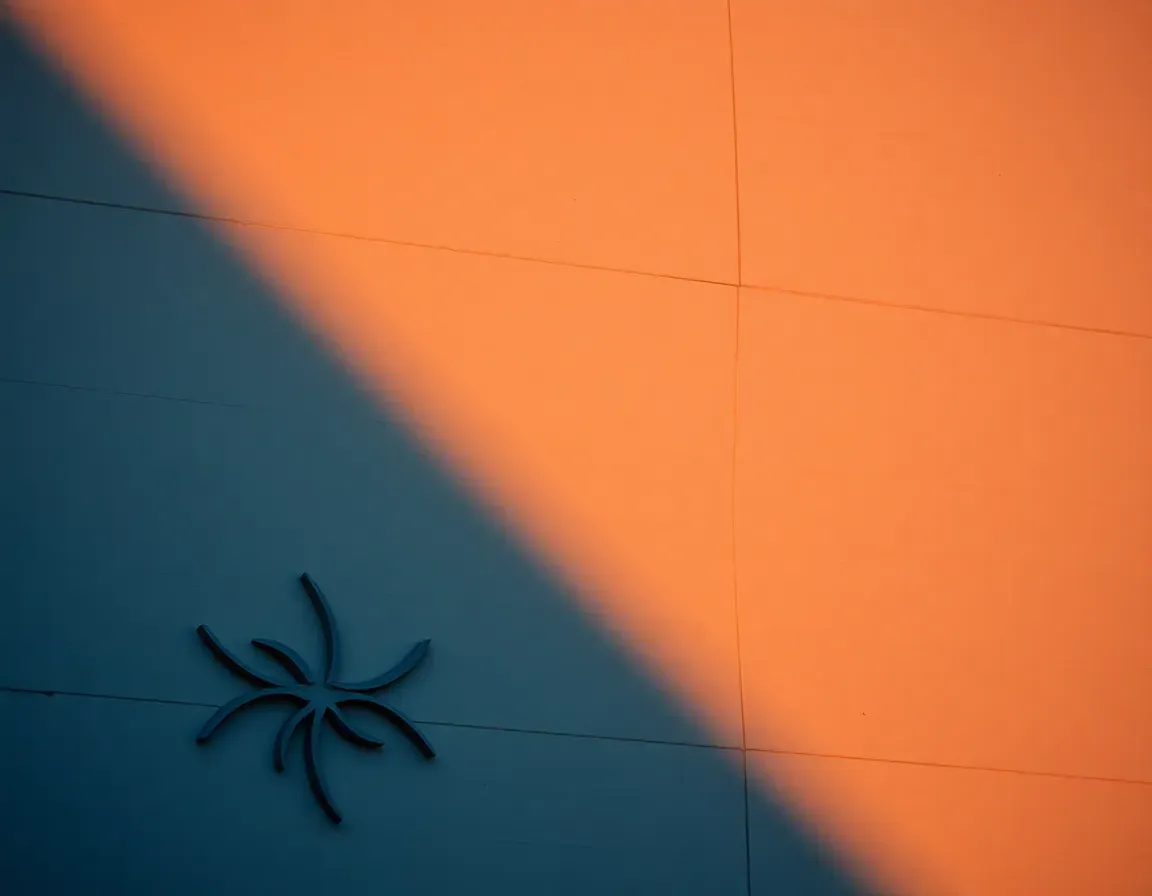 Two-shade Omani limestone facade with Islamic geometric relief, amber dusk light meeting steel-blue shadow
