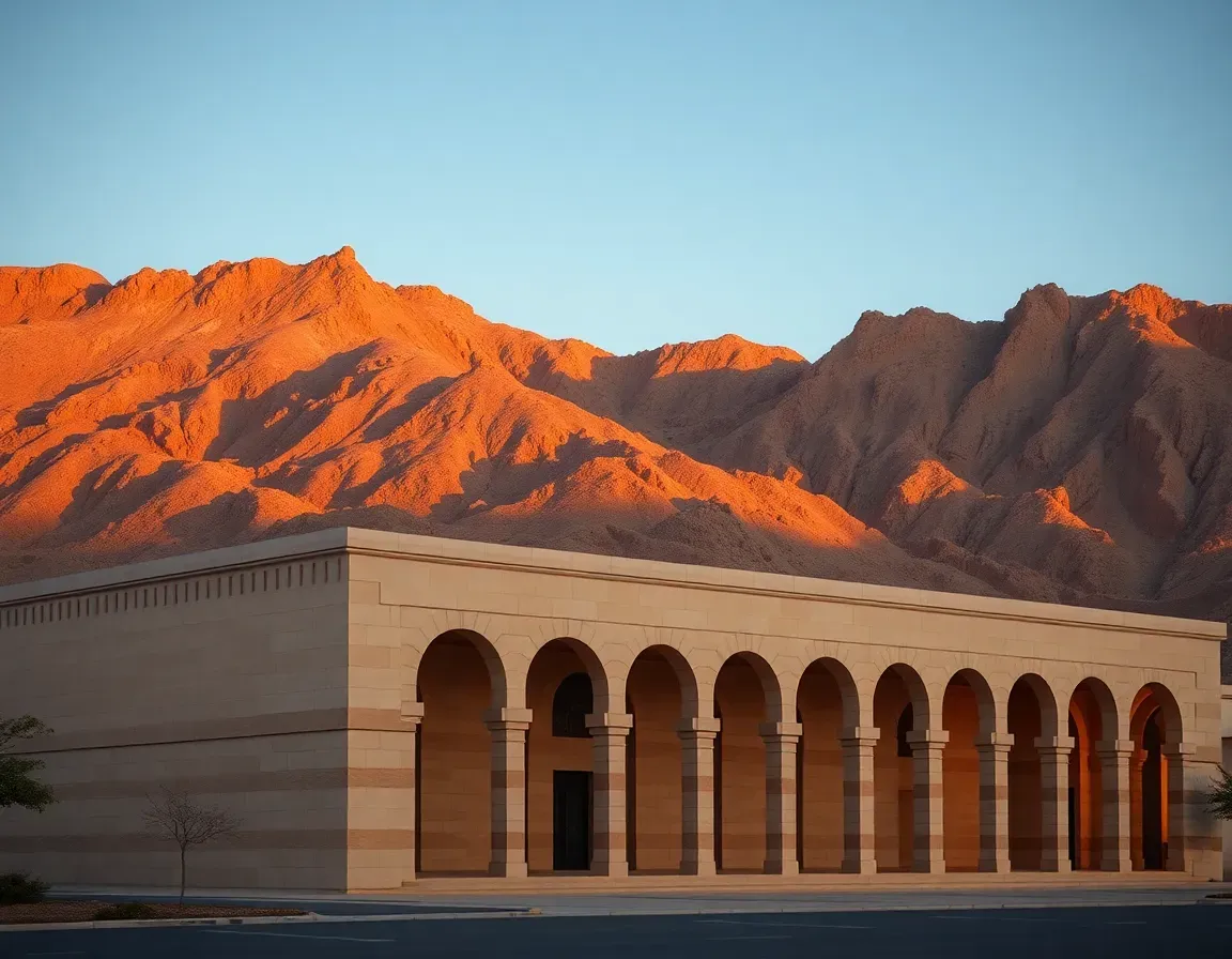Modern Omani institutional stone building with broad arches at dusk, against an ochre mountain ridge